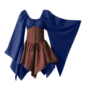 Medieval Renaissance dress featuring blue bell sleeves and a brown lace-up corset
