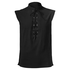 Vista dettagliata della camicia nera medievale senza maniche con lacci frontali