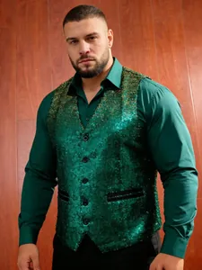Detailed view of a men's green gradient sequin vest featuring gold shoulder accents