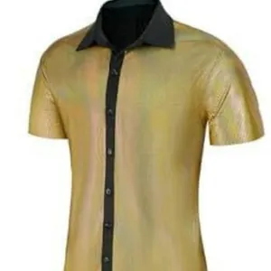 Camisa disco de los años 70 para hombre en oro metalizado con cuello negro