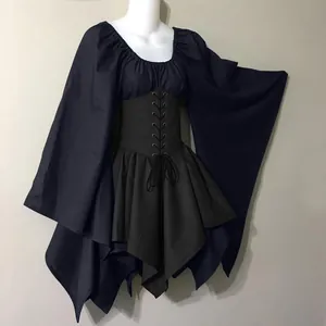 Detail of medieval Renaissance dress with corset lacing and flared bell sleeves