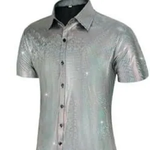 Camisa disco metálica de los años 70 para hombre con patrón retro plateado