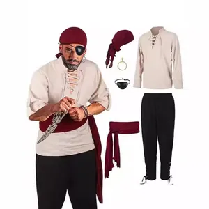 Costume da Pirata del Rinascimento da Uomo Vestito Medievale Vichingo Con Lacci Sopra e Sotto Con Accessori per Halloween Cosplay Festa