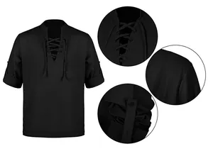 Dettagli camicia da pirata medievale nera con scollatura stringata e polsini risvoltati
