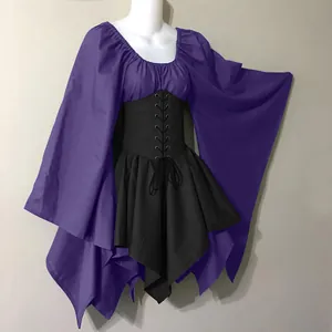 Detailed view of a purple and black Renaissance medieval dress with laced corset waist