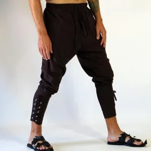 Medieval Renaissance style men's cotton linen trousers with lace-up ankle detail