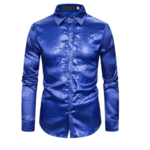 Camisa de Manga Larga con Patchwork de Lentejuelas Metálicas para Hombre Brillante Disco Party Ropa de Escenario Top Moda Punk Solapa