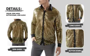 Detalle de camisa disco de lentejuelas doradas con tejido semitransparente.