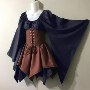 Detail view of a Renaissance medieval Halloween dress with flared sleeves and corset waist