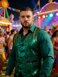 Close-up of man wearing a premium green gradient sequin vest at a vibrant carnival party
