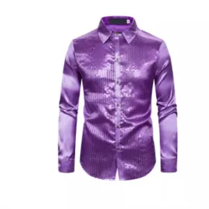 Elegante camisa morada de lentejuelas para hombre con manga larga y cuello de raso