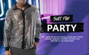 Detalle de camisa de lentejuelas plateadas con cuello negro para hombre para fiesta disco