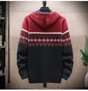Back view of a men's hooded knit sweater with red and black geometric patchwork pattern