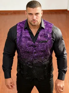 Front detail view of men's stylish purple gradient sequin waistcoat for club attire.