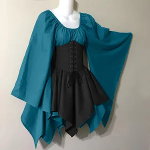 Detail of teal and black Renaissance medieval dress with wide sleeves for women