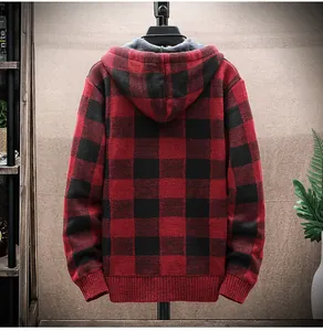 Detailed back view of a red and black buffalo plaid hooded knit cardigan for men