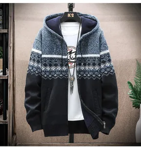 Detail view of men's fleece-lined hooded knit jacket with ethnic geometric patterns.