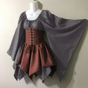 Medieval Renaissance dress featuring flared sleeves and a lace-up corset waist.