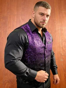 Close-up detail of purple to black gradient sequin vest for men's formal party wear