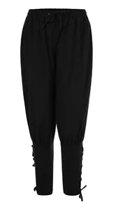 Detail view of black renaissance medieval pants featuring lace-up ankle cuffs and drawstring.