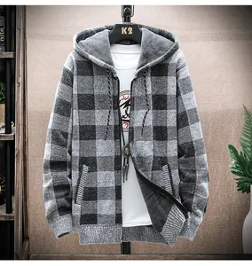 Men's grey and black plaid hooded knit cardigan jacket with front zipper detail