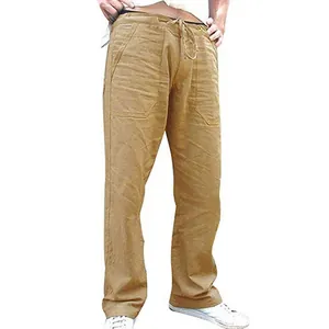 Beige Freizeithose für Herren aus Baumwolle und Leinen mit Tunnelzug und Seitentaschen