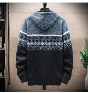 Detailed back view of men's hooded knit cardigan featuring Fair Isle geometric pattern
