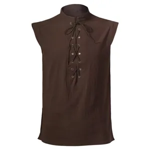 Vista frontale di una camicia medievale vichinga senza maniche con lacci marroni