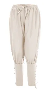 Men's medieval Renaissance cotton linen casual trousers with drawstring waist and lace-up cuffs