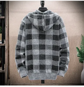 Back view of men's grey and black plaid hooded knit cardigan sweater with ribbed hem.