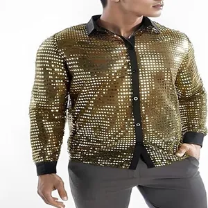 Camisa brillante de lentejuelas doradas para hombre, estilo disco de los años 70