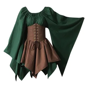 Detail view of medieval dress featuring green bell sleeves and a brown lace-up waist corset