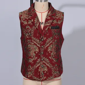 Close-up of vintage red floral jacquard vest with notched lapel and five-button closure