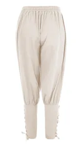 Back view detail of beige Renaissance medieval cotton linen pants with laced cuffs