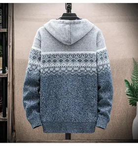 Back view of men's thick hooded knitted cardigan featuring a geometric diamond pattern