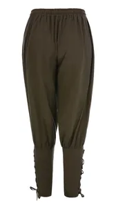 Back view of men's medieval renaissance trousers with lace-up cuffs in olive green fabric