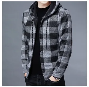 Gilet à capuche stylé en maille à carreaux gris et noir pour homme, chaud pour l'hiver