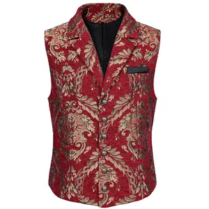 Detail view of men's red jacquard suit vest featuring gold damask floral patterns and buttons