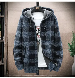 Detail view of men's hooded plaid knitted cardigan with warm fleece lining and zipper.