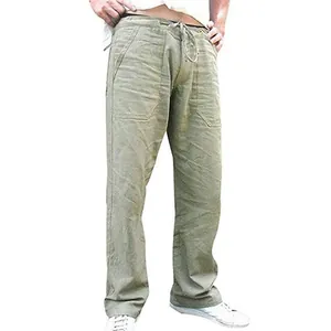 Detailansicht der olivegrünen Herren-Leinenhose mit Kordelzug, ideal für Frühling und Herbst.