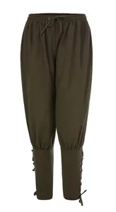 Full view of men's Renaissance pants in olive green with drawstring and lace-up cuffs