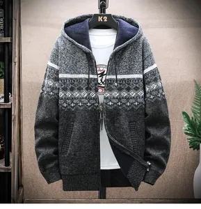 Men's casual hooded knitted cardigan jacket with fleece lining and geometric pattern