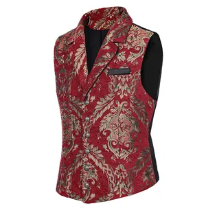 Detailed view of men's red floral jacquard vest with vintage buttons