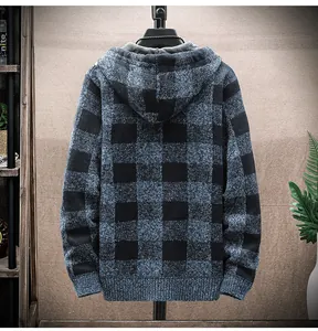 Detailed rear view of a men's blue and black plaid knitted hoodie with textured finish.