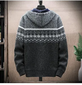 Back view of a thick men's hooded knitted cardigan with geometric pattern in grey.