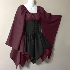 Detailed view of medieval Renaissance dress with laced bodice and flared sleeves