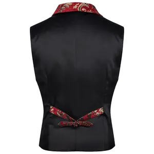 Professional back view of men's black suit waistcoat with red brocade collar and strap detail.