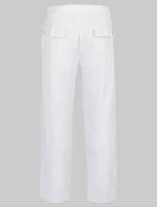 Rückansicht weißer Herren-Leinen-Baumwollhose mit Gummizug und zwei Gesäßtaschen