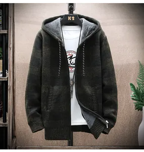 Detail of men's hooded plaid knit cardigan jacket with fleece lining and zipper