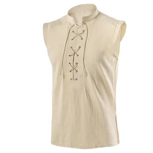 Primo piano del colletto stringato vintage e della trama di lino di questo gilet.